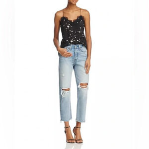 Cami NYC The Racer Lace Trim Star Print Silk Cami Racerback Small Black White
